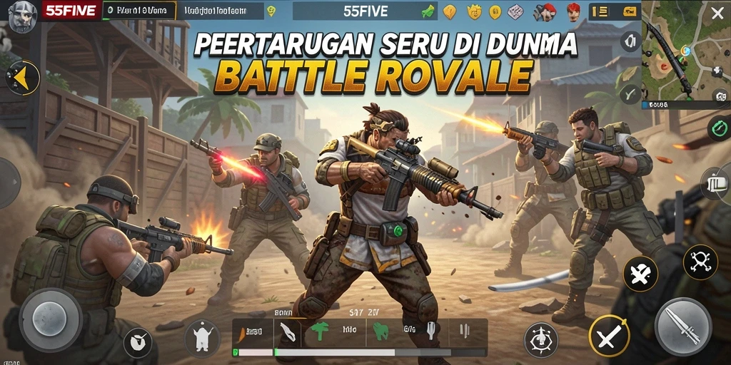 Screenshot 55FIVE menunjukkan aksi seru dalam pertempuran Battle Royale.