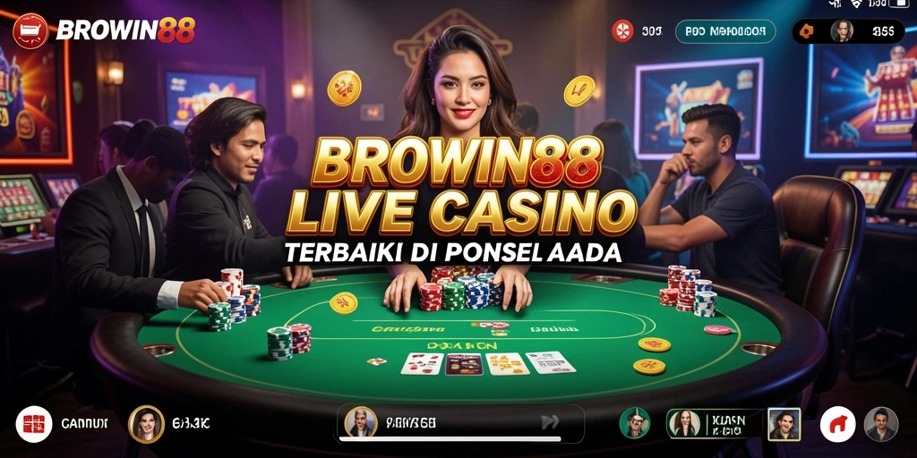 Screenshot gameplay <strong>BROWIN88</strong> menampilkan dealer langsung dan interaksi pemain.
