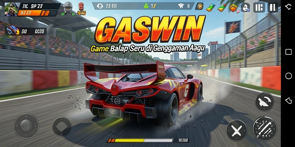 Screenshot gameplay GASWIN dengan balapan menegangkan dan mobil kustom.