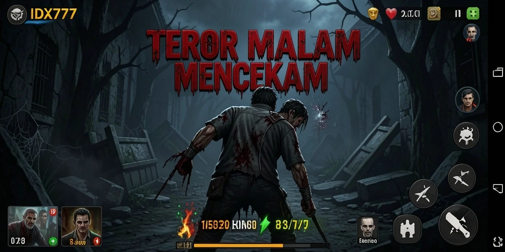 Tampilan gameplay <strong>IDX777</strong> yang menakutkan di suasana gelap.