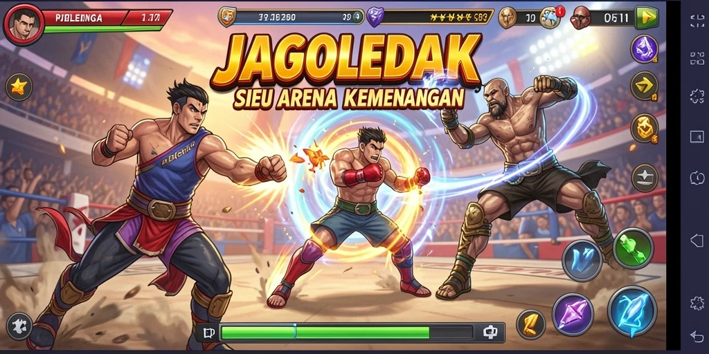 Tangkapan layar menunjukkan pertarungan epik antara karakter dalam JAGOLEDAK.