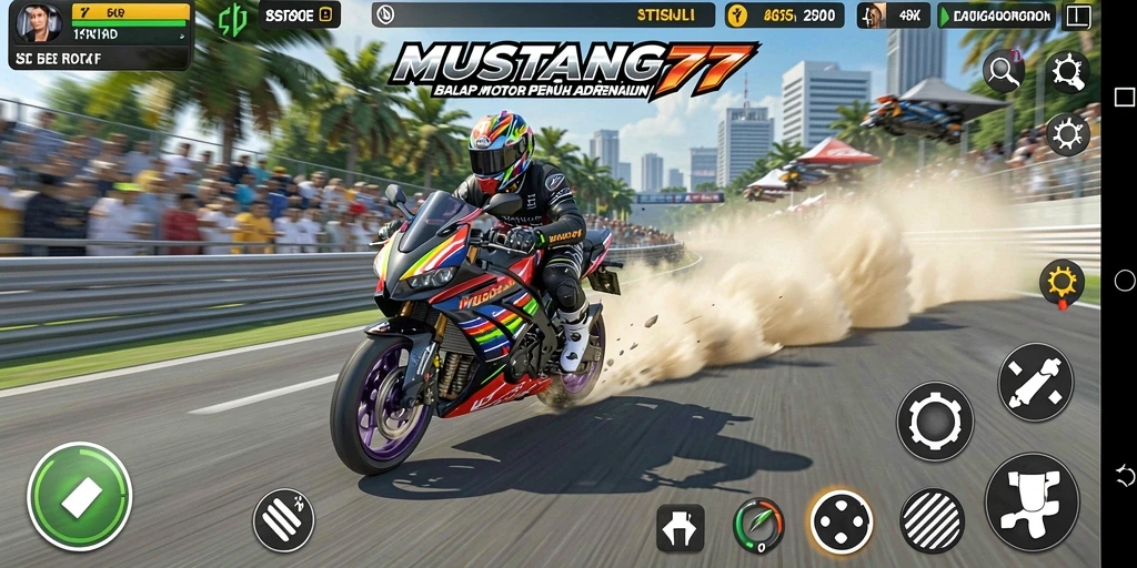Screenshot gameplay MUSTANG77 yang menampilkan aksi balap motor seru.