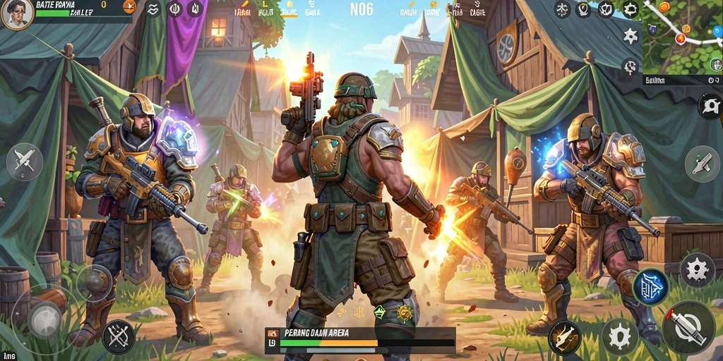 Screenshot gameplay N06 menampilkan peperangan seru di arena Battle Royale.