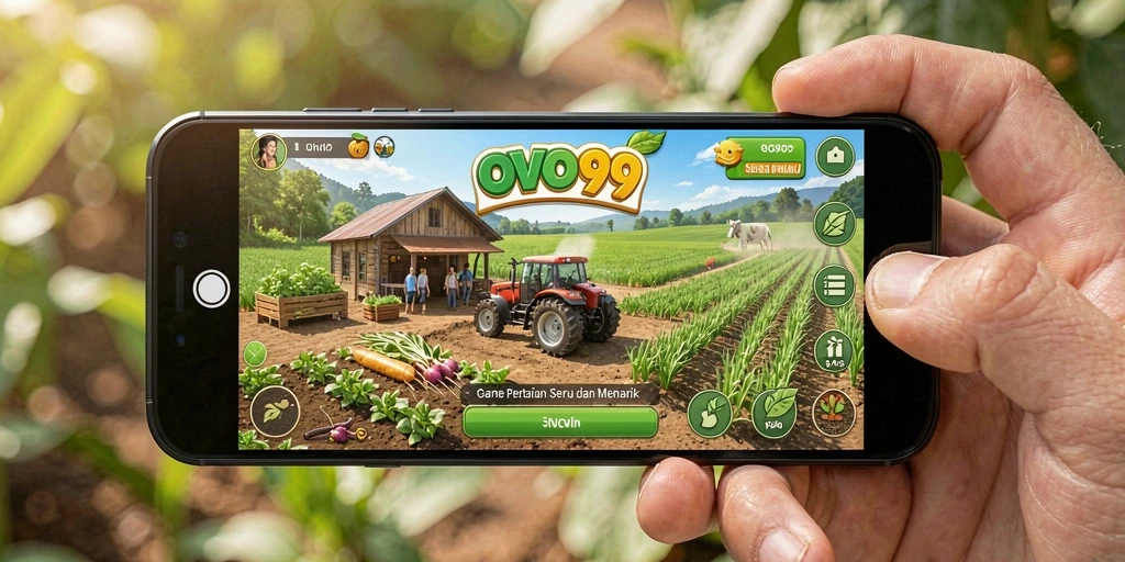 Screenshot OVO99 menampilkan petani sedang merawat ladang hijau.