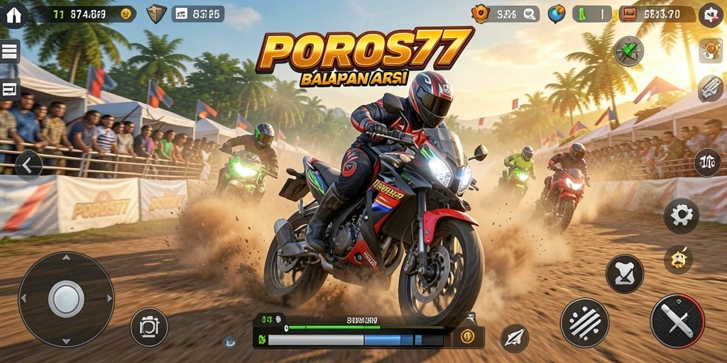 Tampilan gameplay menarik dari POROS77 dengan motor balap yang cepat.