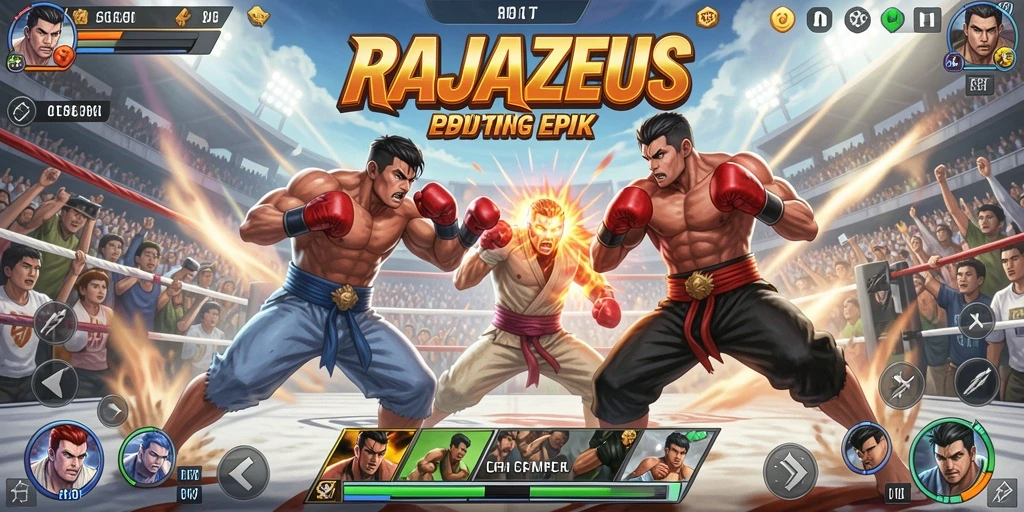 Screenshot menunjukkan pertarungan seru antar karakter dalam RAJAZEUS.
