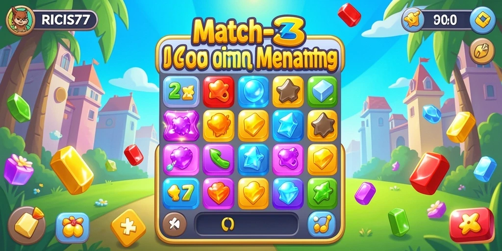 Screenshot RICIS77 menampilkan gameplay Match-3 yang seru dan penuh warna.