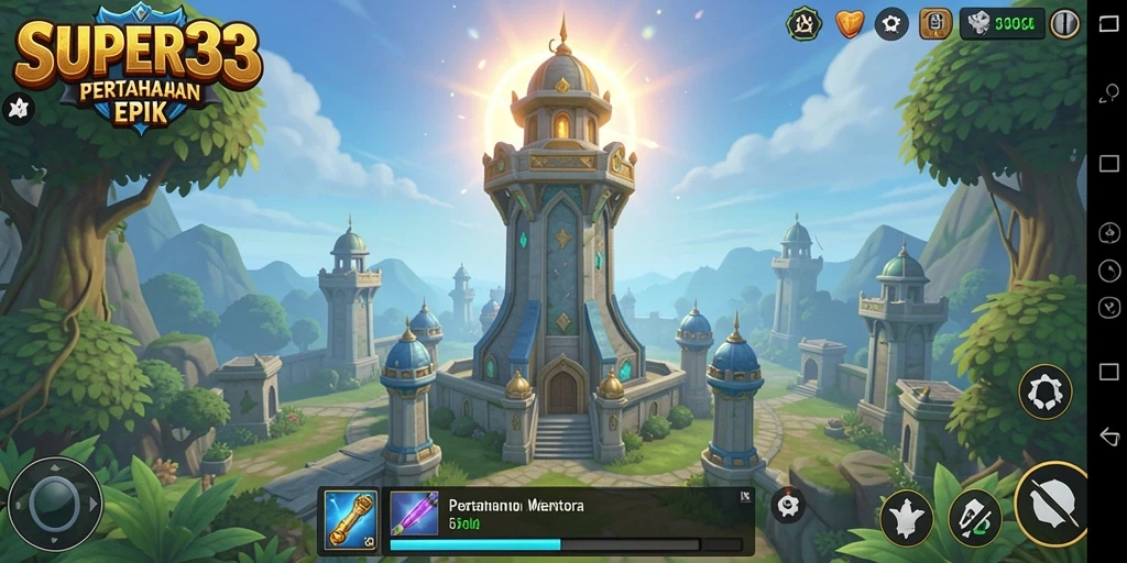 Tampilan epik dari gameplay <strong>SUPER33</strong> dalam mode Tower Defense.